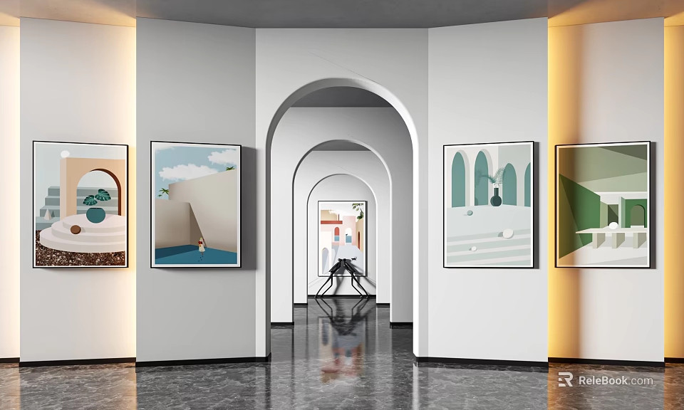 Art Gallery Interior With Arched Doorways And Colorful Paintings On Walls 3d model 