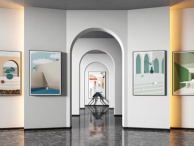Art Gallery Interior With Arched Doorways And Colorful Paintings On Walls 3d model