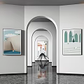 Art Gallery Interior With Arched Doorways And Colorful Paintings On Walls