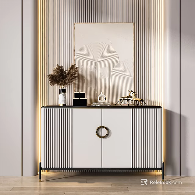 Modern Entryway Side Cabinet With Striped Design Lighting And Decorative Items 3d model