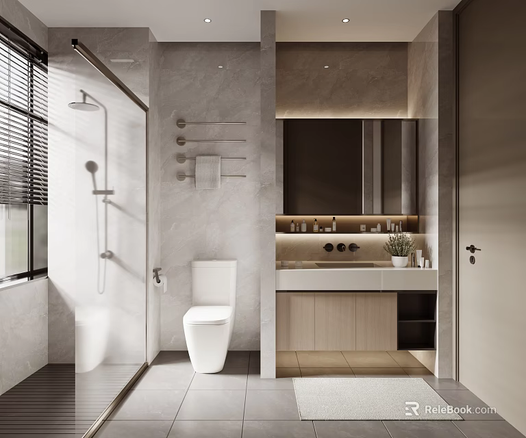 Modern Bathroom Interior With Shower Area Toilet And Vanity Cabinets 3d model 