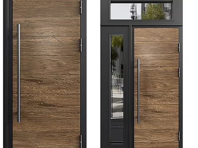 Wooden Swing Door With Metal Handle And Glass Panel Modern Design 3d model