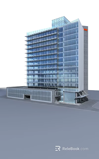 Modern High Rise Office Building With Glass Curtain Wall And Entrance Design 3d model 