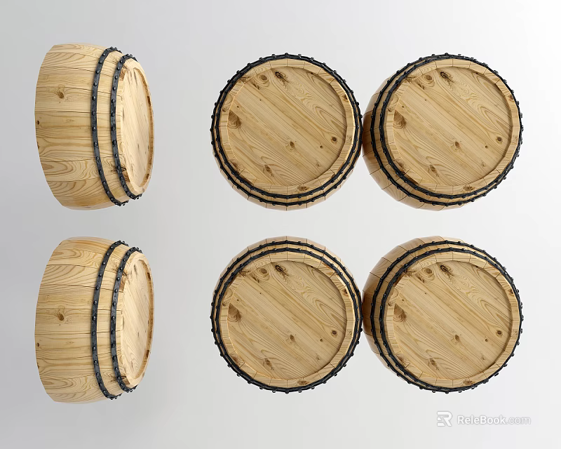 Wooden Barrel Shaped Decorative Ornament Set With Metal Hoops For Home Decor 3d model 
