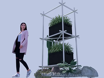 Multi Tiered White Metal Frame Garden Decor with Black Planters Green Plants and Decorative Stones 3d model