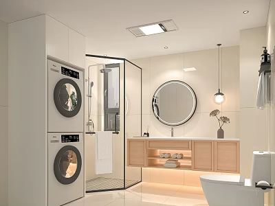 Modern Bathroom Interior With Stacked Washing Machines Glass Shower Round Mirror Wooden Vanity And Toilet 3d model