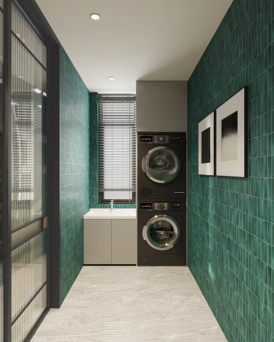 Hotel Bathroom With Green Tiled Walls Stacked Washer Dryer Sink Window Blinds And Framed 3d model
