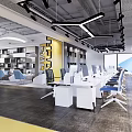 Modern Public Office Space Interior With Long Desks Computers And Lighting 3d model