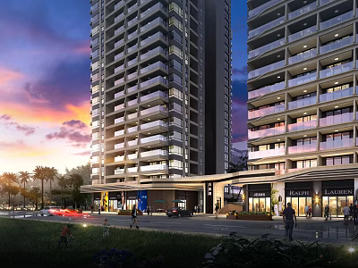 Modern High Rise Hotel Building with Sunset Sky Landscaped Surroundings and Ground Floor Retail Spaces 3d model
