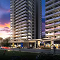 Modern High Rise Hotel Building with Sunset Sky Landscaped Surroundings and Ground Floor Retail Spaces
