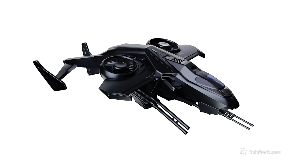 Black Futuristic Sci Fi Spacecraft With Twin Engines And Armament Design 3d model 