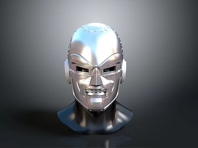 Silver Metallic Robot Head With Detailed Facial Features Against Gray Background 3d model