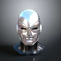 Silver Metallic Robot Head With Detailed Facial Features Against Gray Background