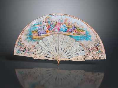 Vintage Decorative Fan with Colorful Painted Scenery Intricate Carved Design for Elegant Wall Hanging 3d model