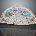Vintage Decorative Fan with Colorful Painted Scenery Intricate Carved Design for Elegant Wall Hanging