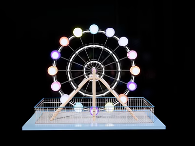 Colorful Ferris Wheel Amusement Park Ride with Illuminated Lights Metal Frame and Safety Fence Base 3d model