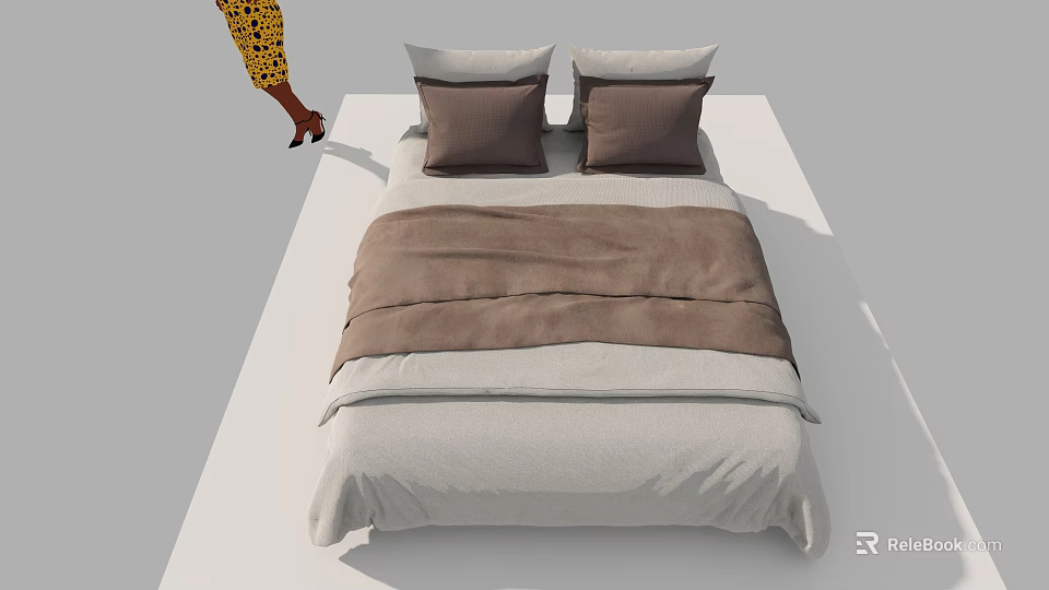 Single Bed With Light Gray And Brown Bedding And Two Brown Pillows 3d model