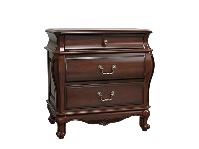 Classic Dark Wooden Bedside Table with Three Drawers Metal Handles and Carved Legs 3d model