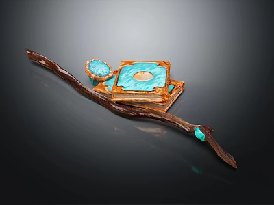 Artistic Wooden Decorative Tray With Turquoise Blue Panel Long Handle And Small Disc 3d model