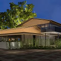 Modern House Exterior Night View With Trees Wall Gate Pillars And Balcony