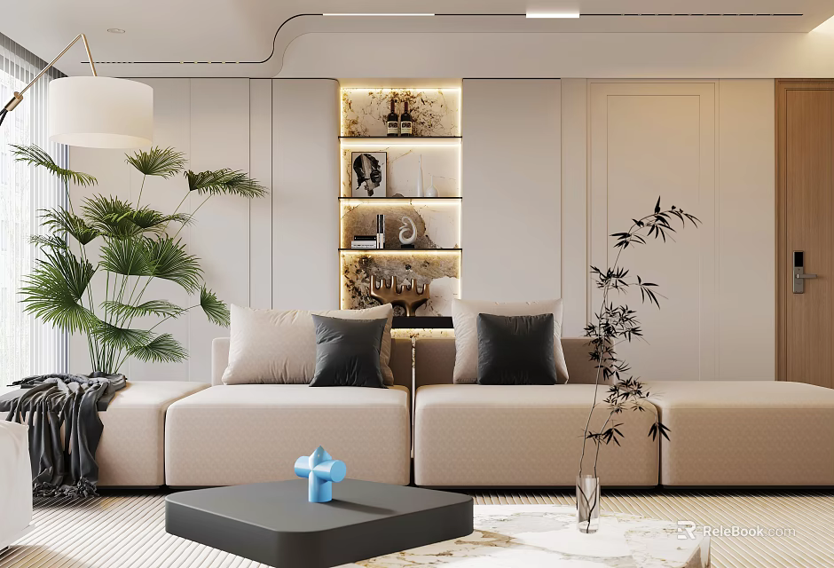 Modern Living Dining Room Interior Design With Beige Sofa Black Cushions Plants And Decor Shelves 3d model 