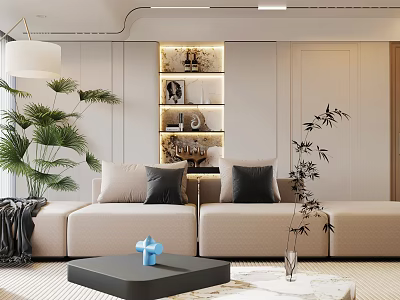Modern Living Dining Room Interior Design With Beige Sofa Black Cushions Plants And Decor Shelves 3d model