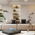 Modern Living Dining Room Interior Design With Beige Sofa Black Cushions Plants And Decor Shelves