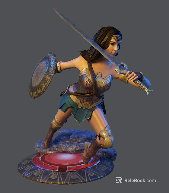 Game Movie Character Wonder Woman in Battle Stance With Sword Shield Armor and Rock Base 3d model 