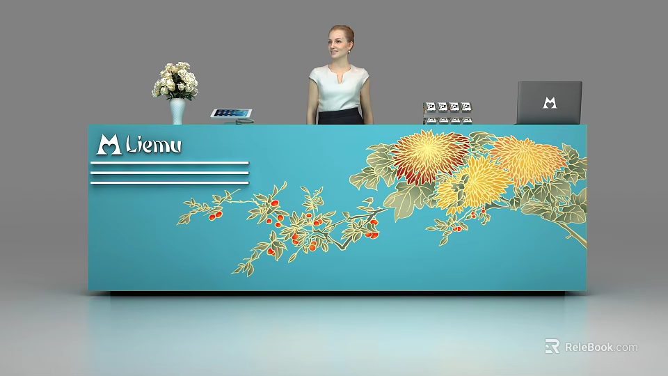 Blue Reception Desk With Yellow Chrysanthemum Pattern Red Berries Vase Tablet Lienu Logo And Receptionist 3d model 