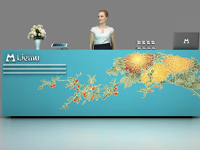 Blue Reception Desk With Yellow Chrysanthemum Pattern Red Berries Vase Tablet Lienu Logo And Receptionist 3d model