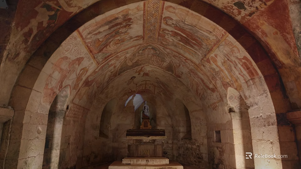 Ancient Garden Landscape Featuring Arched Ceiling Murals And Stone Statue Platform 3d model