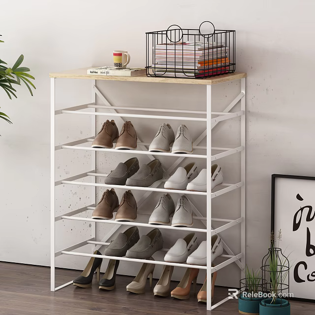 White Multi Tier Shoe Rack With Various Shoes And Top Decor Items 3d model 