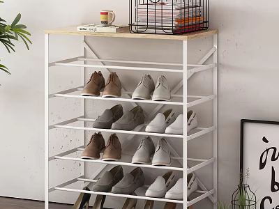 White Multi Tier Shoe Rack With Various Shoes And Top Decor Items 3d model