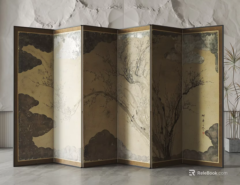Oriental Folding Screen With Tree Cloud Art In Modern Space 3d model