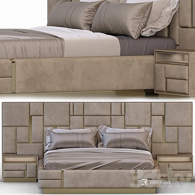 Modern Upholstered Double Bed With Geometric Tufted Headboard And Bedside Tables 3d model