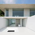 Modern Detached Villa Featuring White Exterior Sloped Geometric Structure And Green Lawn