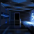 5G Technology Display With Blue Lighting And Geometric Ceiling Design