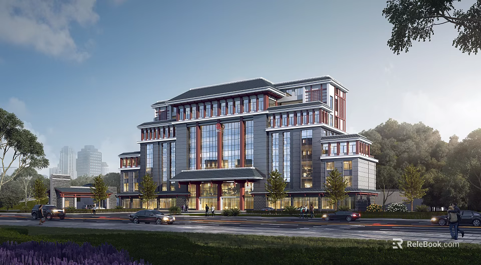 Traditional Modern Office Building Architecture With Glass Curtain Walls Gray Roof And Greenery 3d model 