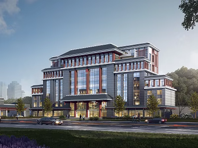 Traditional Modern Office Building Architecture With Glass Curtain Walls Gray Roof And Greenery 3d model
