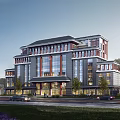 Traditional Modern Office Building Architecture With Glass Curtain Walls Gray Roof And Greenery