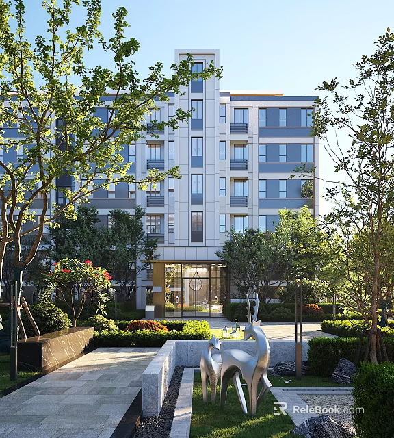 Modern Residential Building With Landscaped Gardens Trees And Contemporary Sculpture 3d model 