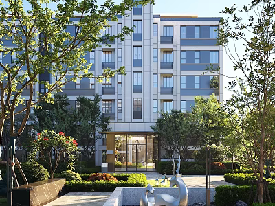 Modern Residential Building With Landscaped Gardens Trees And Contemporary Sculpture 3d model