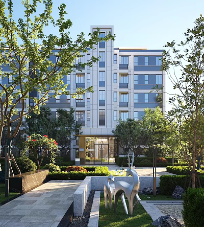 Modern Residential Building With Landscaped Gardens Trees And Contemporary Sculpture 3d model