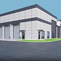 Industrial Factory Exterior Building With Windows Doors And Parking Area