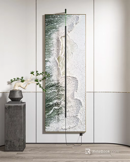 Modern Wall Decor With Abstract Green White Landscape Art And Gray Pedestal Plant 3d model 