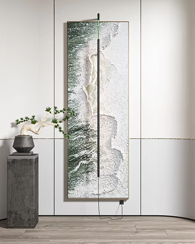 Modern Wall Decor With Abstract Green White Landscape Art And Gray Pedestal Plant 3d model