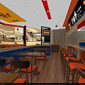 Vibrant Modern Restaurant Interior With Orange Chairs Blue Counter Wooden Floors And Wall Decorations