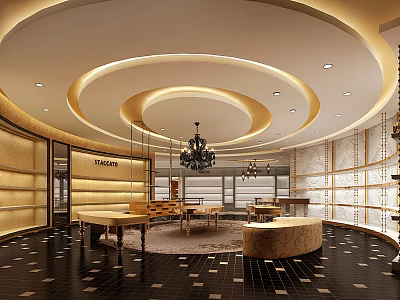 Modern Specialty Store Interior With Circular Ceiling Design Display Shelves And Wooden Tables 3d model
