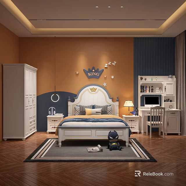 Cozy Kids Bedroom With Crown Decor And Functional Furniture 3d model 