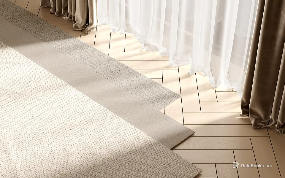 Square Rug on Wooden Floor with White Curtains and Sunlight in Room Interior 3d model 